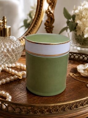 Vintage Viking Japan Green Porcelain Vanity TrinketJar/Box Gold Trim Mid Century